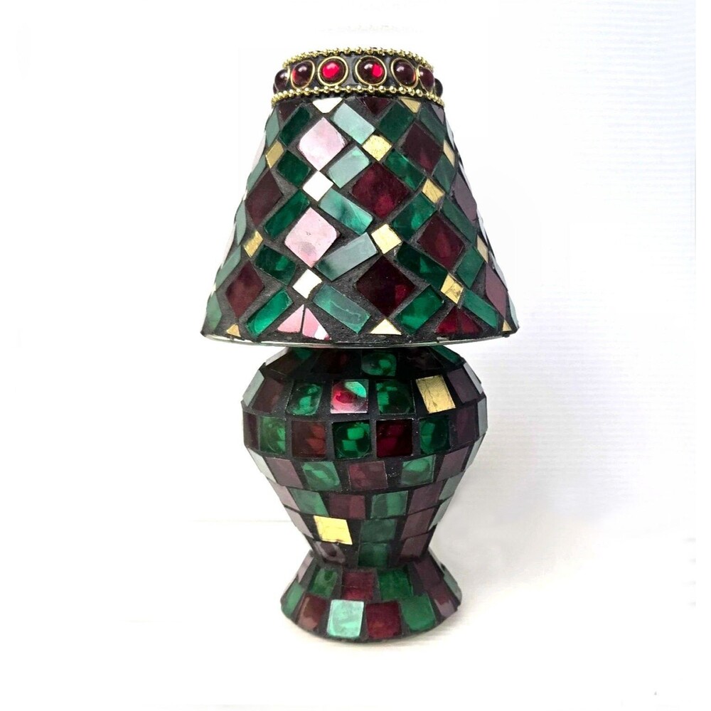 Mosaic Glass Tile Votive Tealight Candle Holder Mini Lamp Red Green Gold 8" Vtg